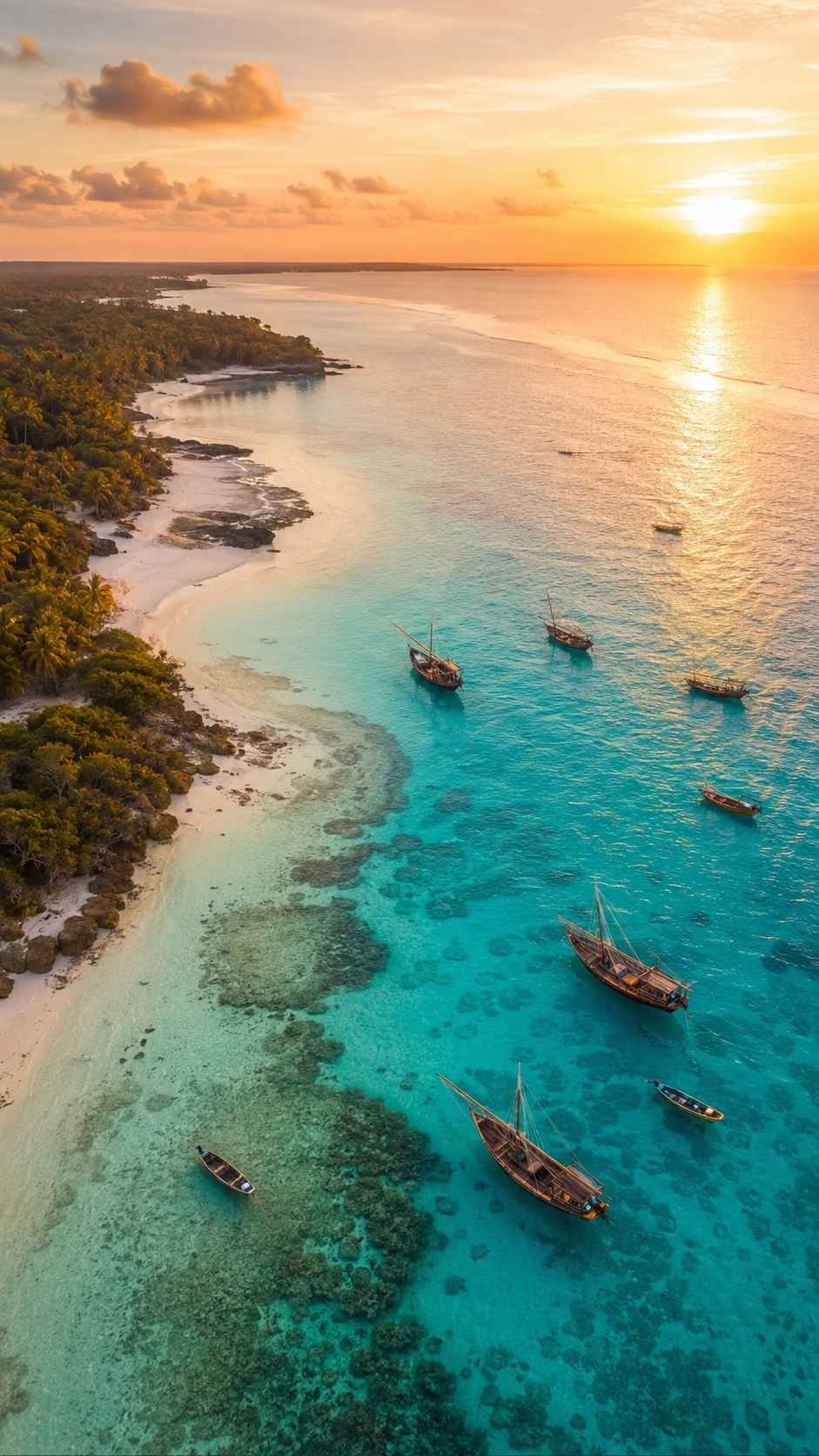 Aerial sunrise view of Watamu’s coastline with traditional fishing boats on turquoise reef waters